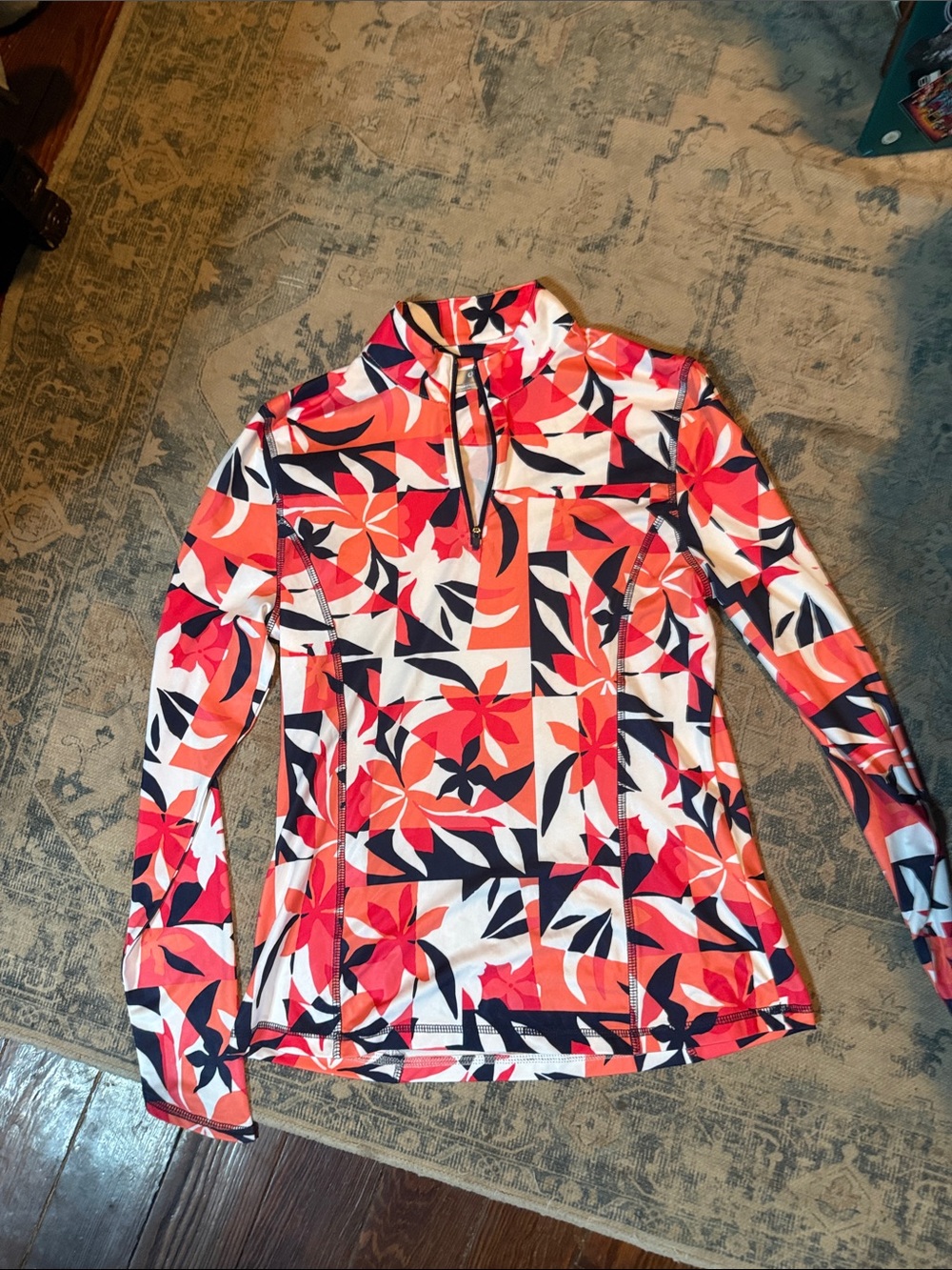 Women’s Floral Half-Zip Active Top - Coral, Navy & White